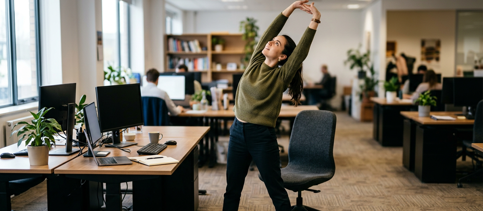 Person standing up from their desk chair to take a break and stretch during a work day